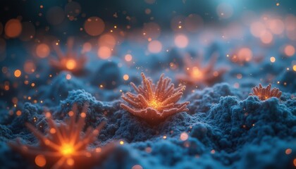 Fototapeta premium Glowing plant-like organisms in an ethereal nighttime setting