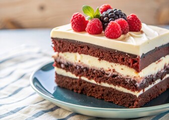 Delicious red velvet cake slice with fresh berries dessert photography for food blog use