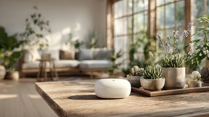 Smart Home Device on a Table in a Simple Modern Living Room with Bright Natural Lighting