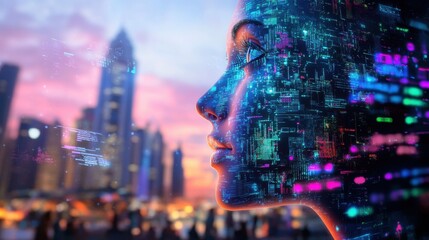 Young Asian woman with digital code overlay in city at sunset