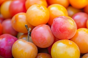 Close-up of colorful plums in various shades of orange and red