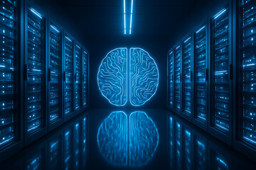 Stunning neon brain graphic glows in futuristic server room, symbolizing AI and innovation