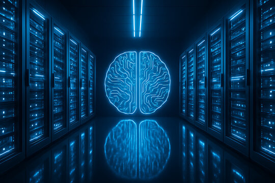 Stunning neon brain graphic glows in futuristic server room, symbolizing AI and innovation - Powered by Adobe