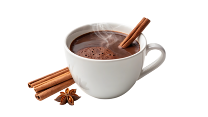 Hot cocoa with cinnamon isolated on transparent background
