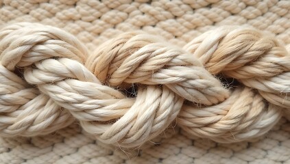 "Close-up of handwoven fiber art in natural beige tones – symmetrical, tightly braided textures showcasing traditional craftsmanship and organic material beauty."

