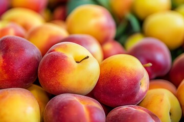 Close-up of many fresh peaches, various shades of red and yellow