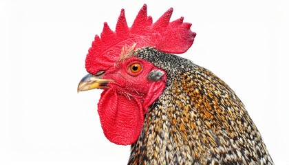 Detailed image of a rooster showcasing its colorful plumage and striking red comb against a plain white backdrop.