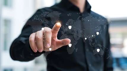 Businessman interacting with global map and location icons for data connectivity
