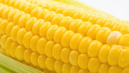 Detailed image of fresh yellow corn on the cob with vibrant kernels and green husk, showcasing natural texture and color.