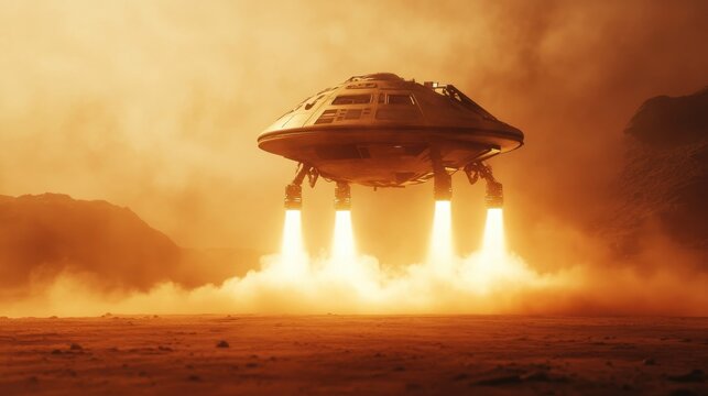 Spaceship taking off from dusty orange landscape on alien planet