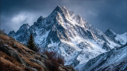 Snowy mountain peak, dramatic sky