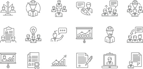 Vector art of set of business team meeting work engineer construction project management planning strategy solution idea chart graph document icons vector art