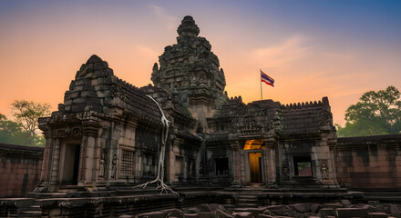 Fototapeta premium Ancient Temple at Sunset: A captivating view of an ancient temple illuminated by the warm hues of the setting sun, capturing the essence of heritage and culture.