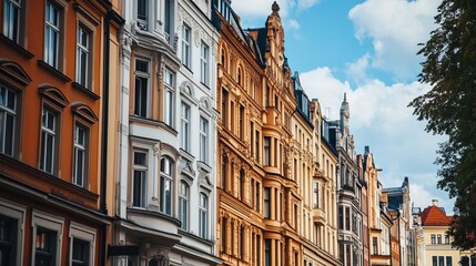 Obraz premium Colorful European buildings in a row under a partly cloudy sky
