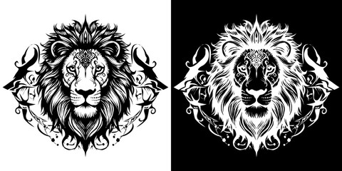 Majestic Lion King with Ornate Tribal Markings, a Symmetrical Emblem in Stark Contrast