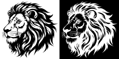 Regal Lion Profile Duo: High-Contrast Graphic Art in Black and White