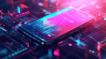 Smartphone displaying data in abstract digital environment at night