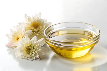 Glass Bowl With Aromatic Oil and Fresh Plumeria Flowers on White Background


