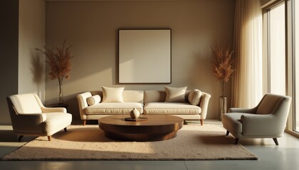 Serene living room with minimalist sofa and armchairs indoors
