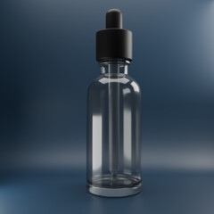 Clear Glass Dropper Bottle with Black Cap on Clean Blue Background.3D Illustration