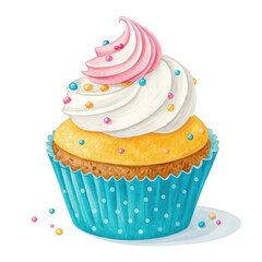 A cupcake with white and pink frosting and colorful sprinkles on top on transparent background
