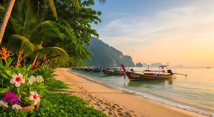 Fototapeta premium Paradise Beach at Dawn: A stunning panorama captures the pristine beauty of a tropical beach, where longtail boats gently bob on the calm turquoise sea.