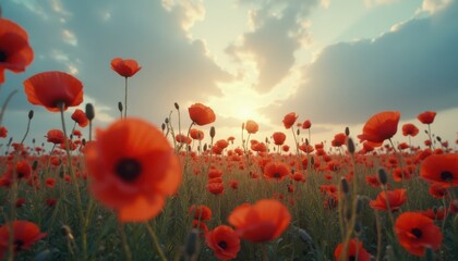 Obraz premium Vibrant field of poppies at sunset, serene outdoor scene