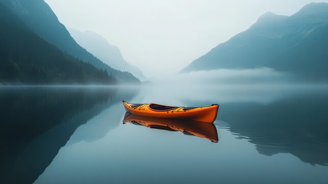 Kayak floating on serene lake in foggy morning mountains