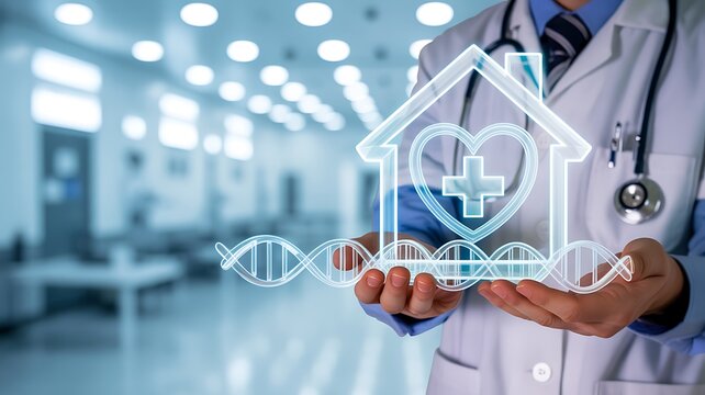 Medical technology with dna and digital house symbol for health monitoring
