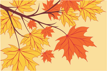 Obraz premium Autumn maple leaves in warm orange and yellow colors on a light yellow background with brown branches