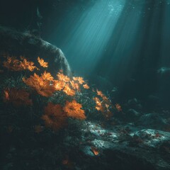 Obraz premium Underwater autumnal scene, sunlight beams