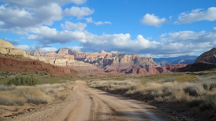 Fototapeta premium Desert road winds through colorful canyons under a partly cloudy sky
