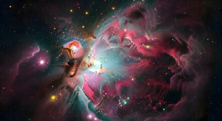 Obraz premium Cosmic Canvas: Captivating view of the vibrant Orion Nebula, an ethereal celestial masterpiece, shimmering with vibrant colors and cosmic dust.