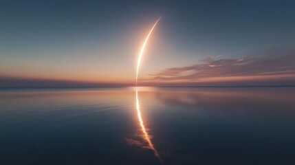 Rocket launch over serene ocean at sunset