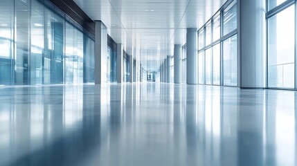 Empty, modern, glass-walled hallway
