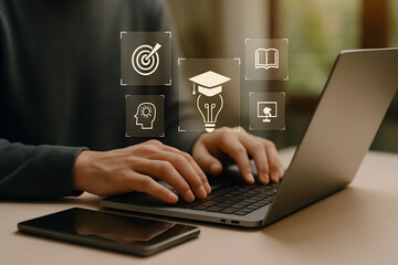 Person using laptop for online learning studying knowledge skills education goals