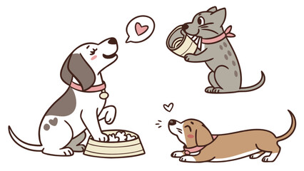 Cute cartoon pets illustration featuring dogs and cat in playful poses perfect for pet lovers design art