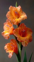 Close-up of three vibrant orange gladiolus flowers