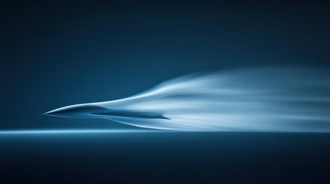 Futuristic airplane flying against dark blue abstract background