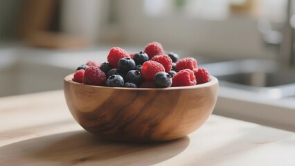 Wooden Bowl Filled with Fresh Berries on a Wooden Table