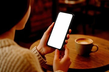 Mockup, woman's hands holding mobile phone with blank screen in coffee shop.