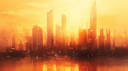 Cityscape at Sunrise Over Waterfront with Hazy Skyline