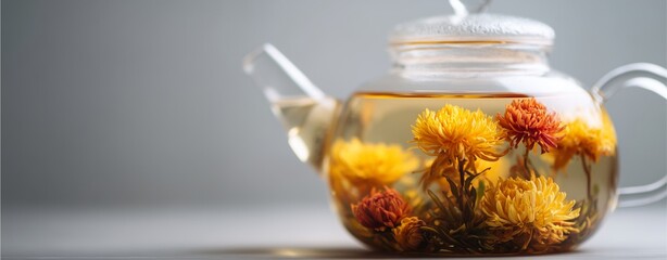 Serene Tea Ceremony: A close-up shot showcases a glass teapot filled with a fragrant tea, adorned with vibrant flower buds that have blossomed beautifully.