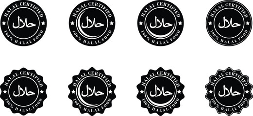 100% halal food certified icon set. Halal food symbol isolated on transparent background. Islamic stamp logo set, halal certified badge symbol design for product label sticker. Vector illustration.