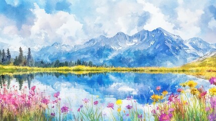 Tranquil mountain lake surrounded by colorful flowers