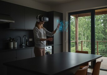 Person wearing vr headset interacting with holographic interface in modern kitchen