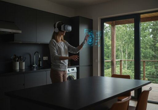 Person wearing vr headset interacting with holographic interface in modern kitchen