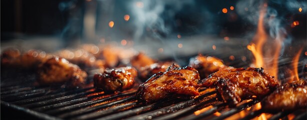 Barbecue Feast: Sizzling chicken wings cook on a fiery barbecue grill, a tantalizing culinary scene showcasing the smoky flavor, capturing the essence of summer.