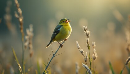 Fototapeta premium Small yellow bird singing in peaceful field during daytime