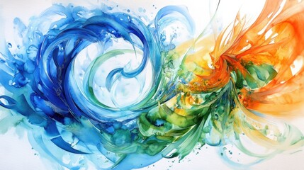 Vibrant abstract painting with swirling blue, green, and orange colors